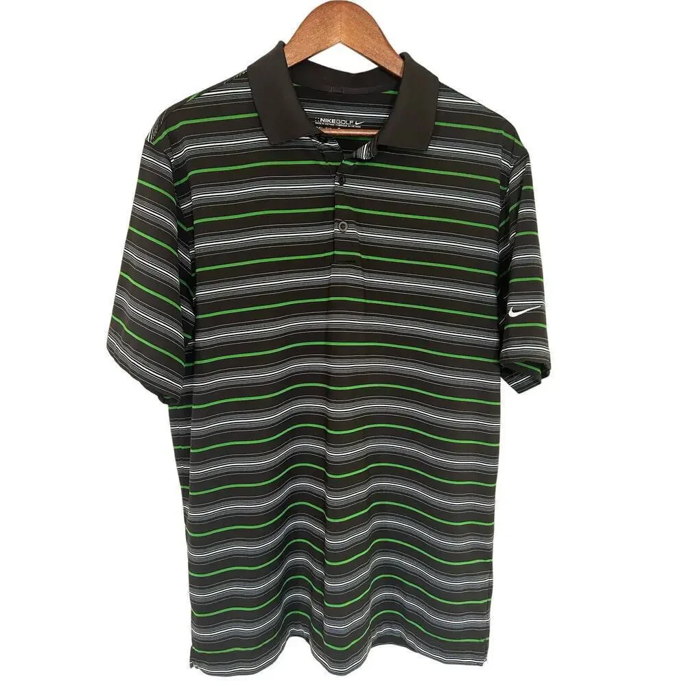 Nike Men’s Dri-Fit Golf Shirt Polo Style Size L Black With Green & White Stripes